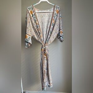 Floral Kimono Robe in White and Mustard